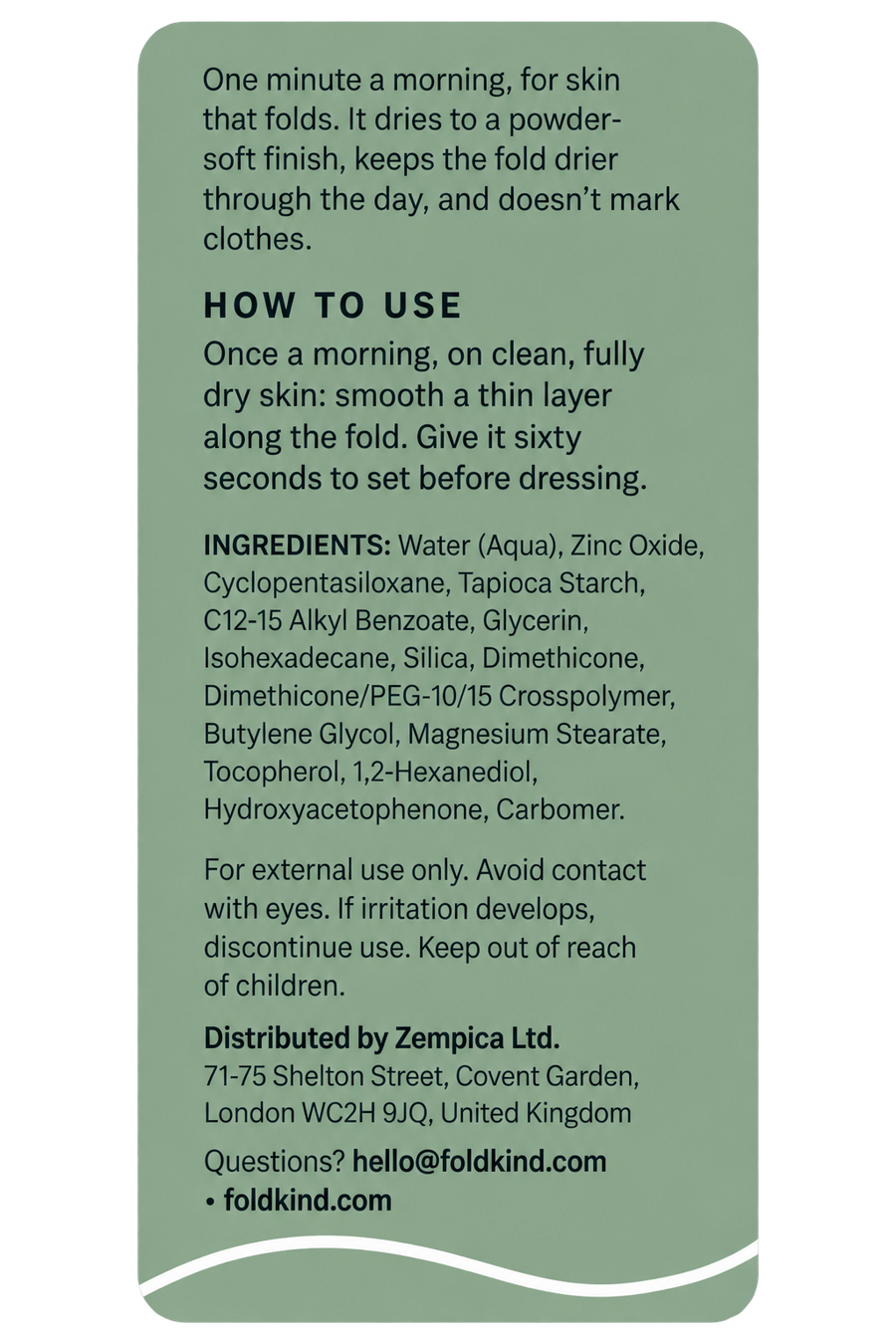 The back panel of the Foldkind tube, flat: how to use, the full ingredient list, and contact details.