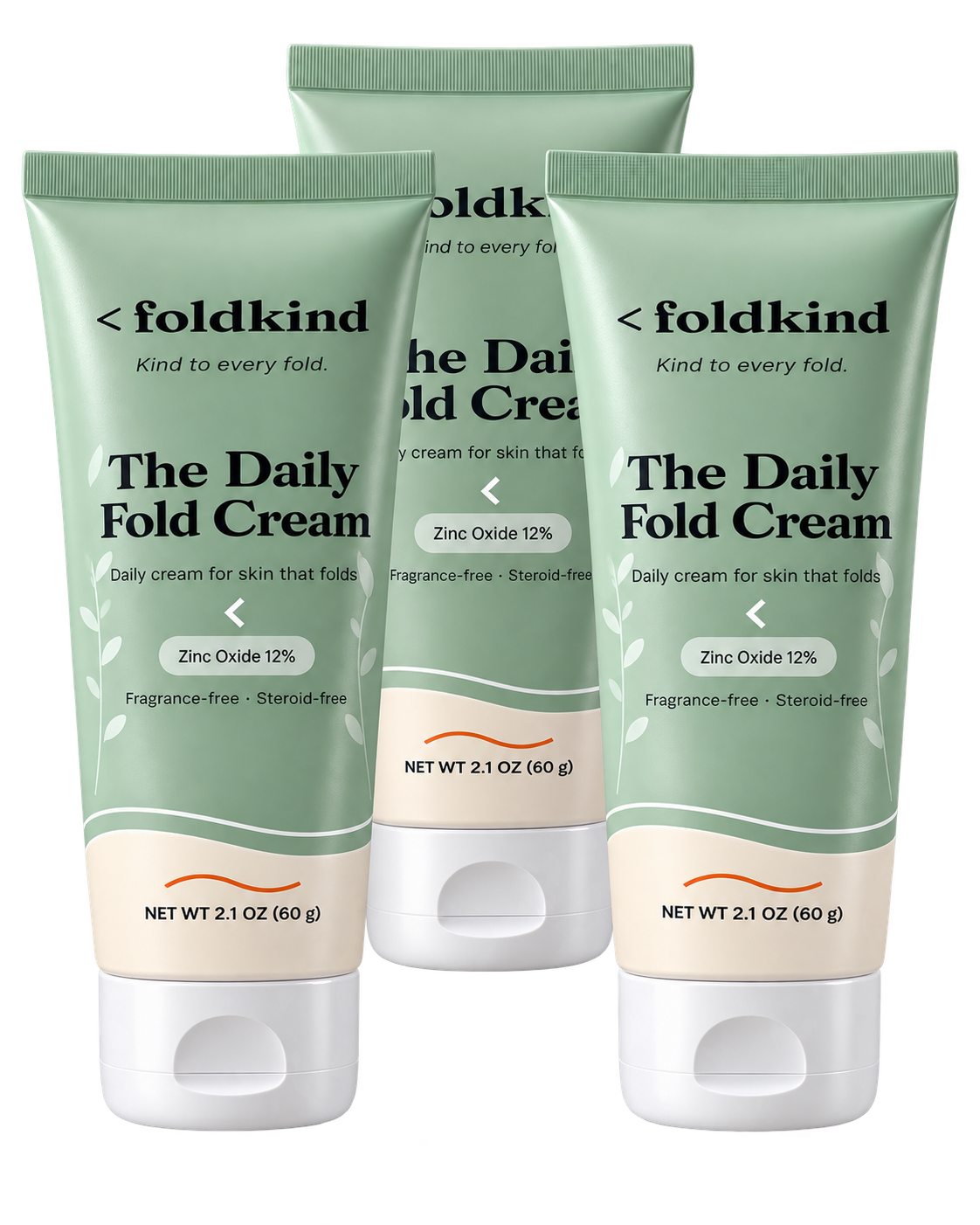 The three-month supply of The Daily Fold Cream: three tubes of 2.1 oz (60 g), zinc oxide 12%. Image