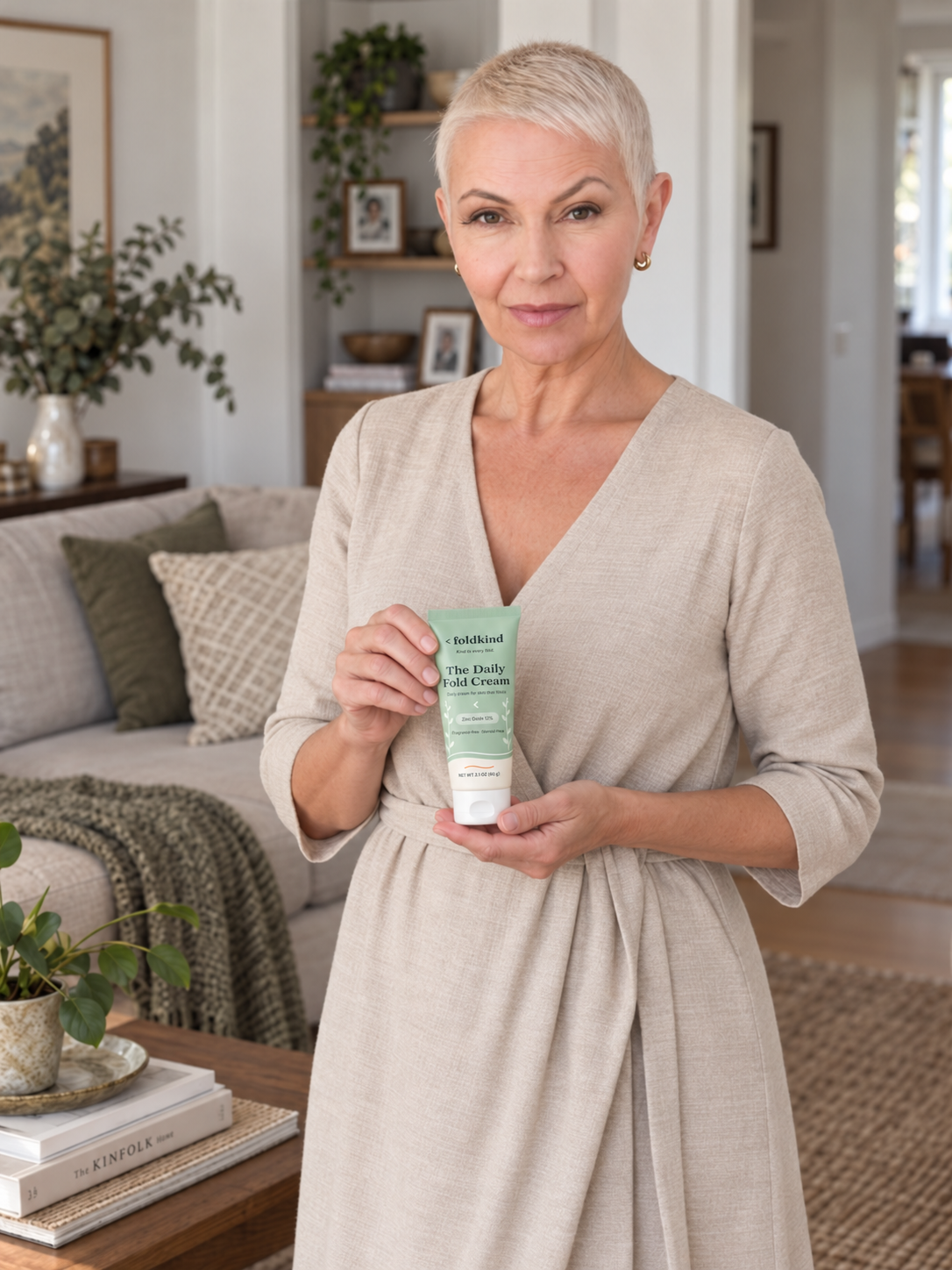 A woman at home in her living room, holding The Daily Fold Cream tube, her morning routine behind her. Image
