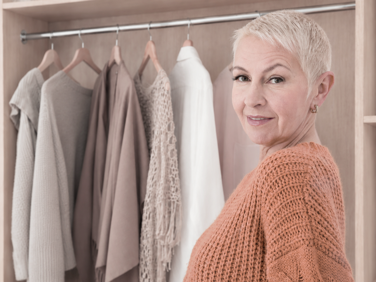 A woman in her sixties at her wardrobe, turning to the camera with a calm smile, a rail of clothes behind her. Image