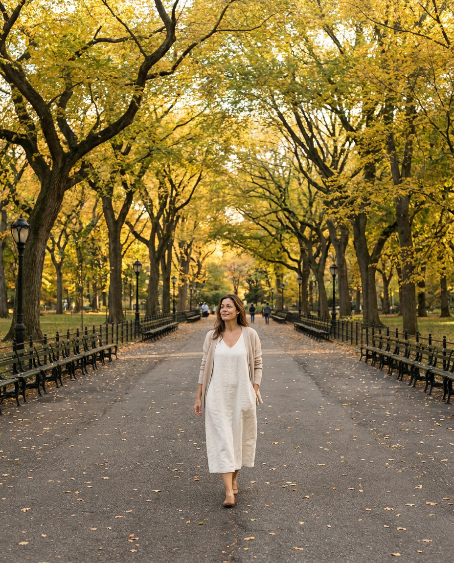 The same woman walking along a tree-lined alley in autumn light, in an ivory linen dress, in the middle of her afternoon. Image