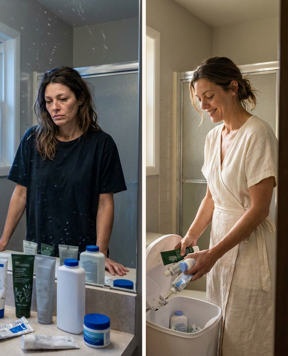 Before and after at the same bathroom counter: first tired in front of the creams she has tried, then relieved, dropping them in the bin. Image