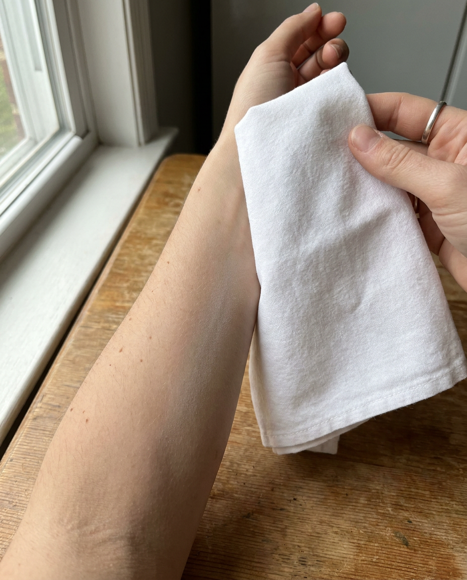 A folded white cotton cloth lifted away from skin where a thin layer of cream has dried powder-soft, leaving no mark on the fabric. Image