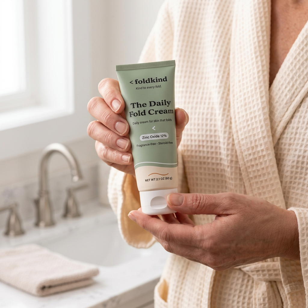 A woman in a waffle robe holding The Daily Fold Cream in her bathroom in morning light, the label showing zinc oxide 12%, fragrance-free and steroid-free, 2.1 oz (60 g).