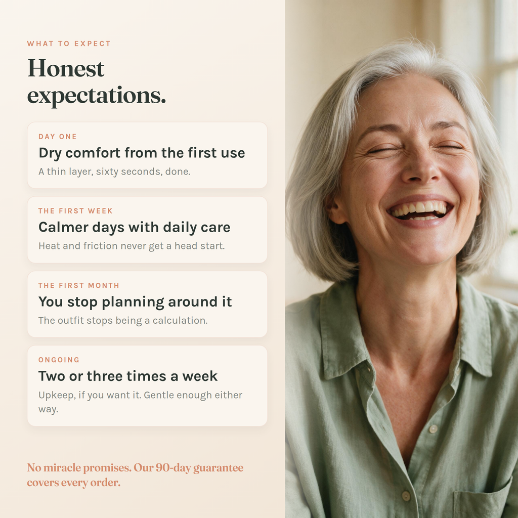 What to expect: dry comfort on day one, calmer days through the first week, and a routine you stop planning around by the first month.