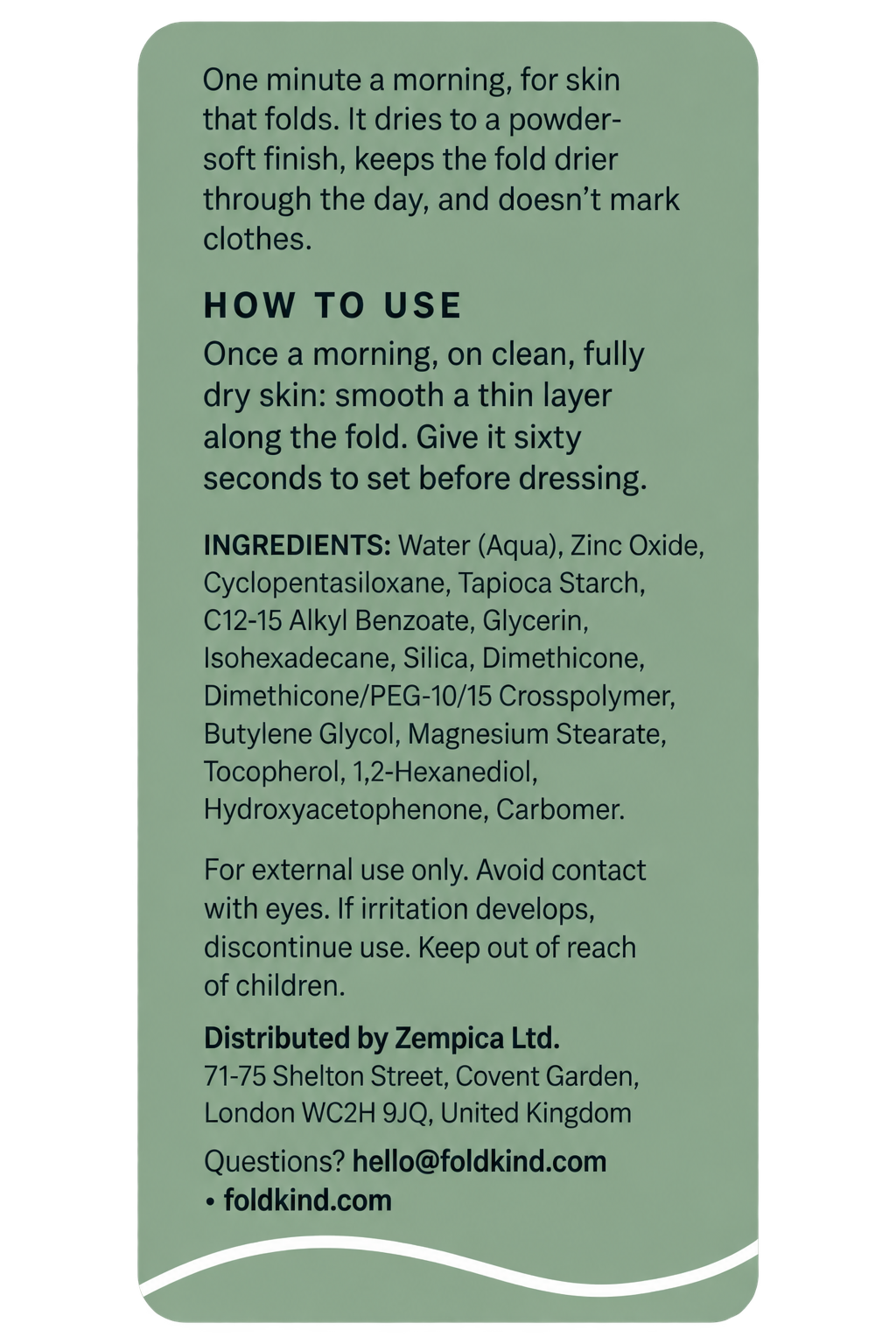 The back panel of the Foldkind tube, flat: how to use, the full ingredient list, and contact details. Image