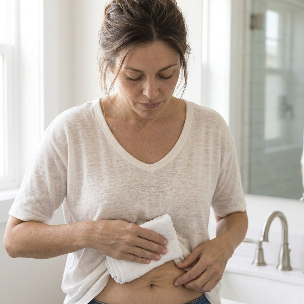 Step one of the morning routine: a woman gently pats the skin fold under her belly dry with a soft towel. Image