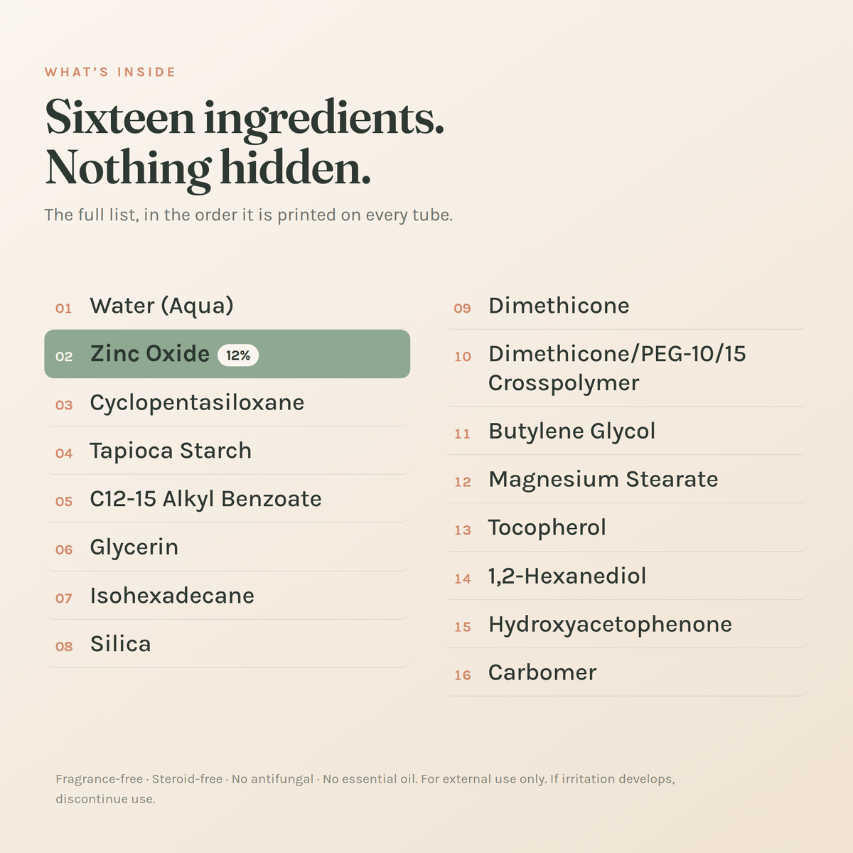 The full ingredient list of The Daily Fold Cream: sixteen ingredients in the order printed on the tube, zinc oxide at 12% second on the list.
