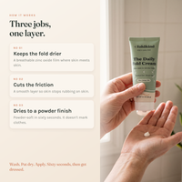 Three jobs, one layer: a breathable zinc oxide film keeps the fold drier, a smooth layer cuts friction, and it dries to a powder finish in sixty seconds.