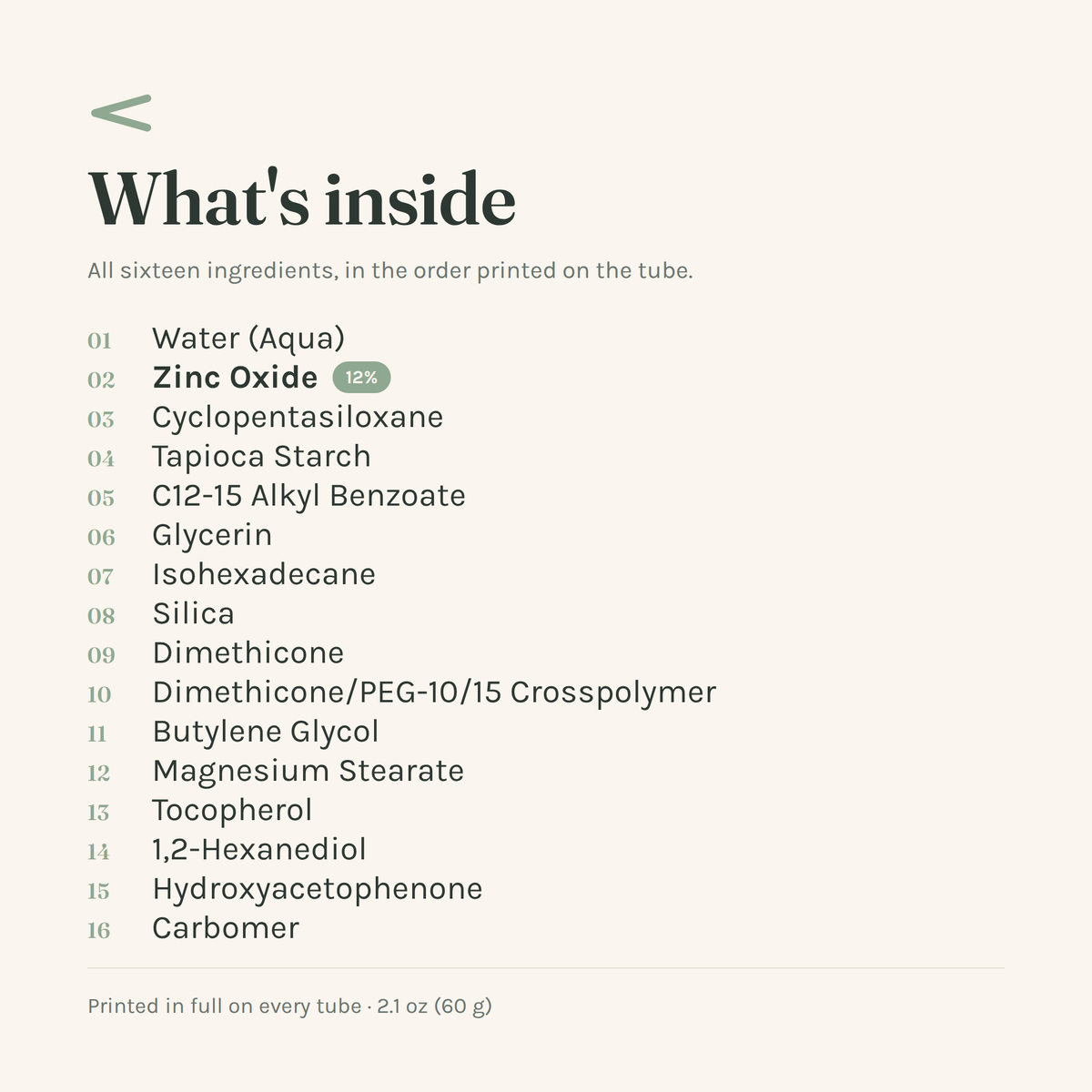 What's inside The Daily Fold Cream: all sixteen ingredients in the order printed on the tube. Water (Aqua), Zinc Oxide 12%, Cyclopentasiloxane, Tapioca Starch, C12-15 Alkyl Benzoate, Glycerin, Isohexadecane, Silica, Dimethicone, Dimethicone/PEG-10/15 Crosspolymer, Butylene Glycol, Magnesium Stearate, Tocopherol, 1,2-Hexanediol, Hydroxyacetophenone, Carbomer. 2.1 oz (60 g). Image